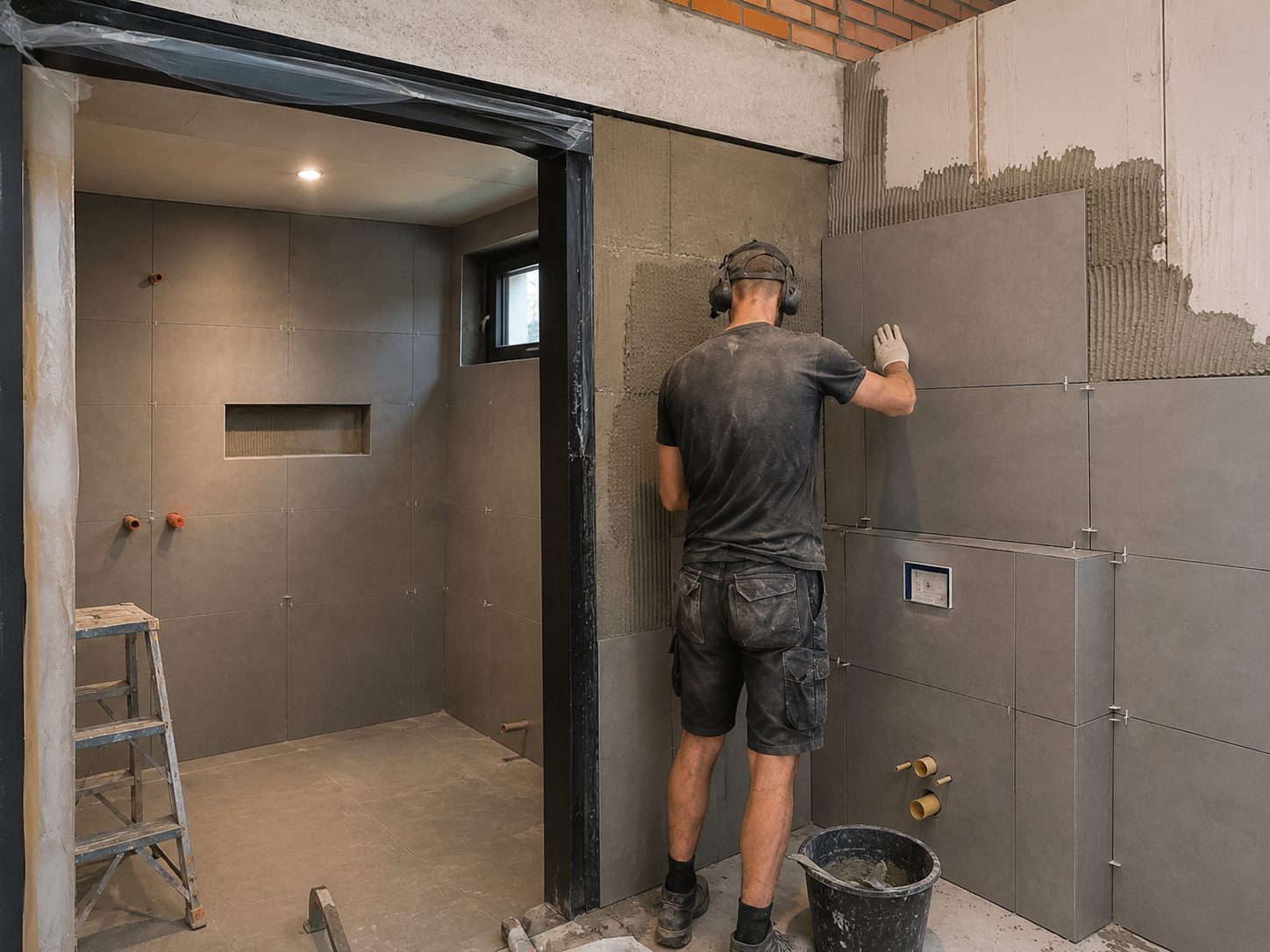 Vakman van Boers & Breuer Totaalbouw aan het tegelwerk tijdens een badkamerrenovatie in regio Waalwijk