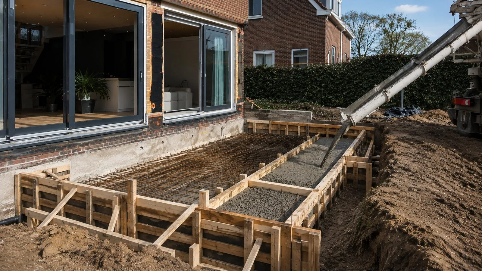 Bekisting met wapening voor een betonfundering naast een bestaande woning, klaar om te storten