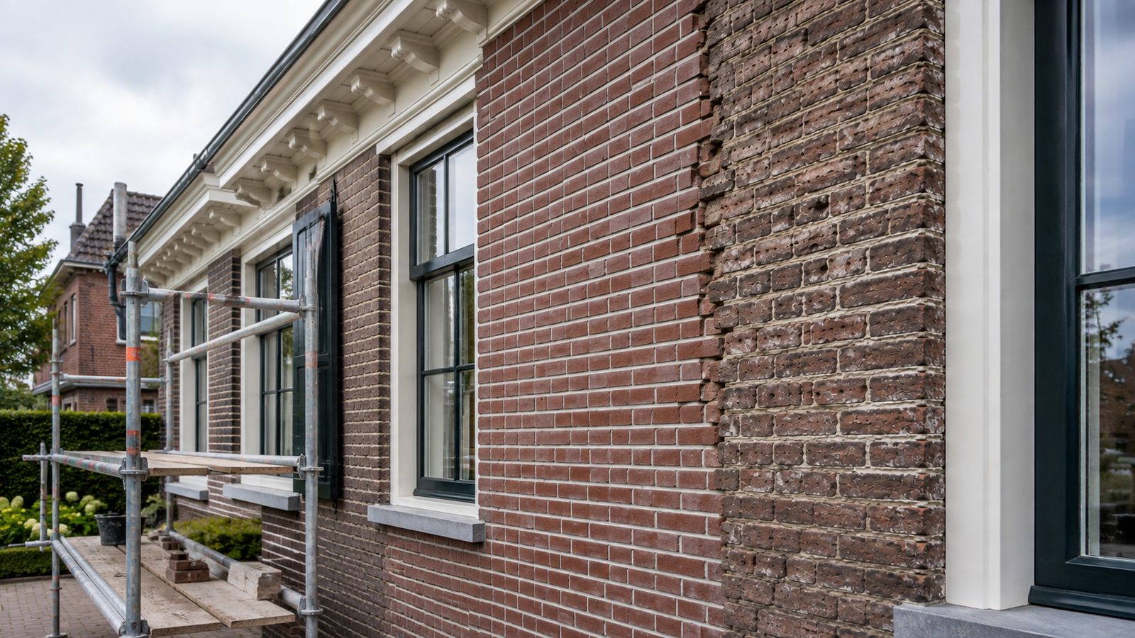 Gevel waarvan de linkerhelft al opnieuw gevoegd is en de rechterhelft nog het oude voegwerk toont