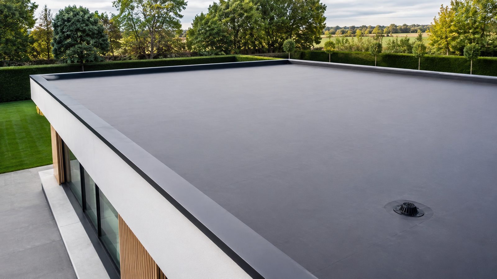 Plat dak met EPDM dakbedekking op een aanbouw