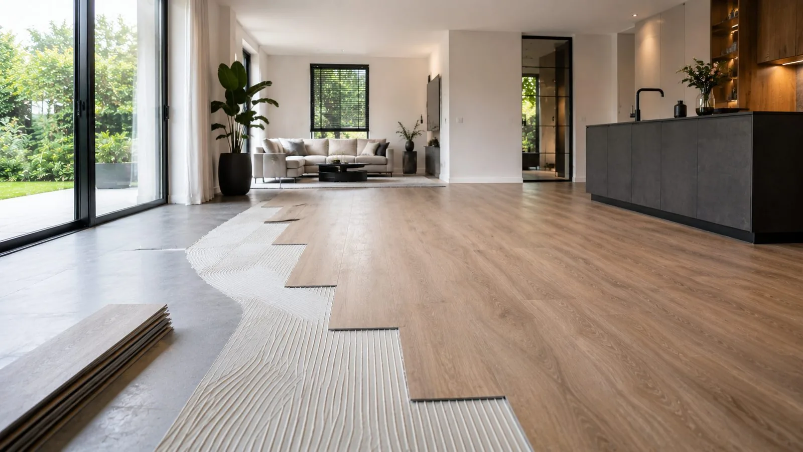 Woonkamer waar een nieuwe vloer op een vlakke ondergrond wordt gelegd