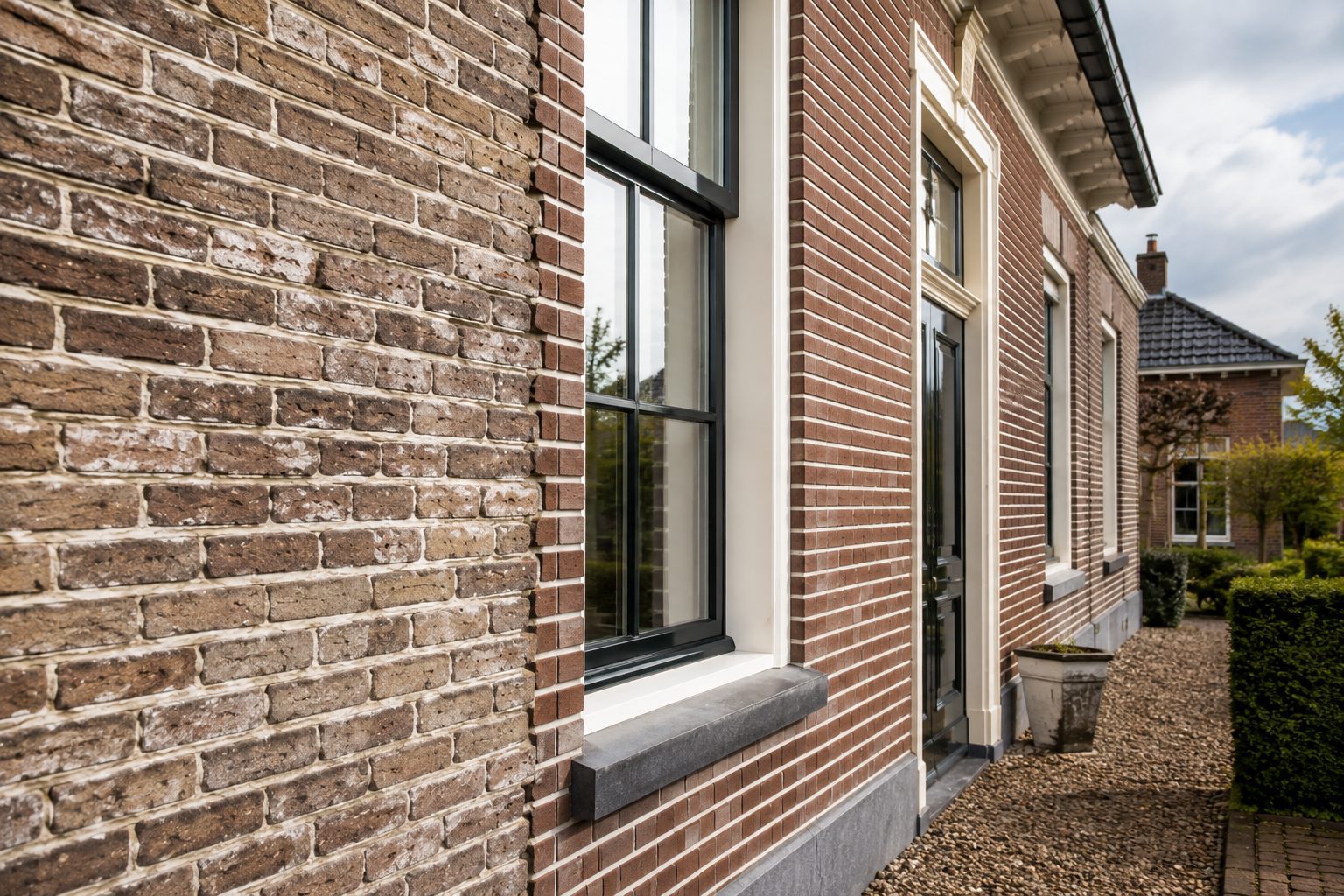 Detail van gerenoveerd metselwerk met strak nieuw voegwerk naast oud metselwerk