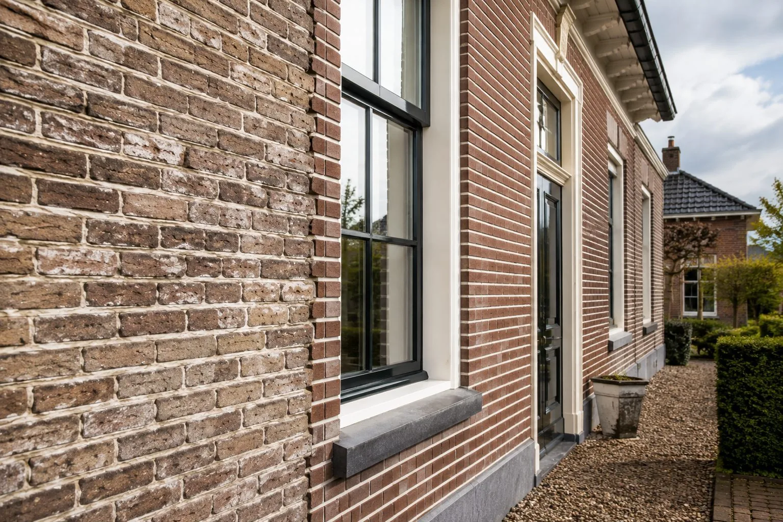 Detail van gerenoveerd metselwerk met strak nieuw voegwerk naast oud metselwerk