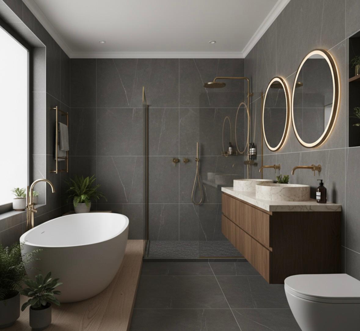 Strakke moderne badkamer met grote tegels en walk-in douche door Boers & Breuer Totaalbouw