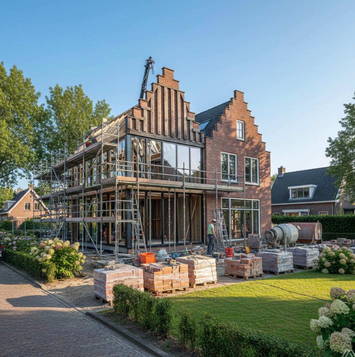 Karakteristieke woning in de steigers tijdens verbouwing door Boers & Breuer Totaalbouw